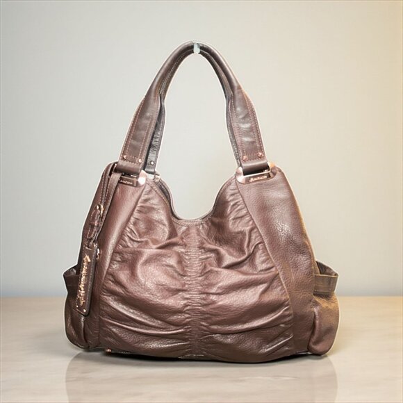 B Makowsky Slouchy Hobo Brown Pebbled Leather Ruched Shoulder Bag Pockets Boho - Picture 1 of 7